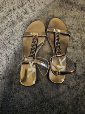 Anne Klein Metallic Bronze T-Strap Sandals with Stud Detail